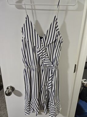 Express Navy and White Striped Women's Faux Wrap Dress